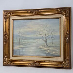 Osborne Original Oil Painting Winter Landscape River Gold Ornate Frame 16.5x19